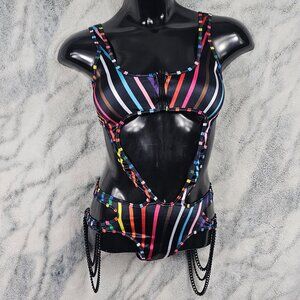 Dolls Kill Club Exx XS Black Bodysuit Rainbow Stripe Cutout Chains Pride
